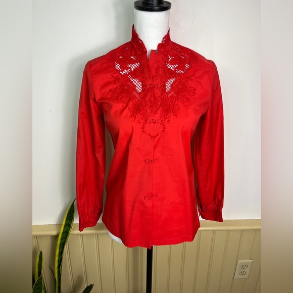 Vintage Daffodil Red Embroidered Blouse S Artsy Lace Button Top China Style Rare - Picture 1 of 13